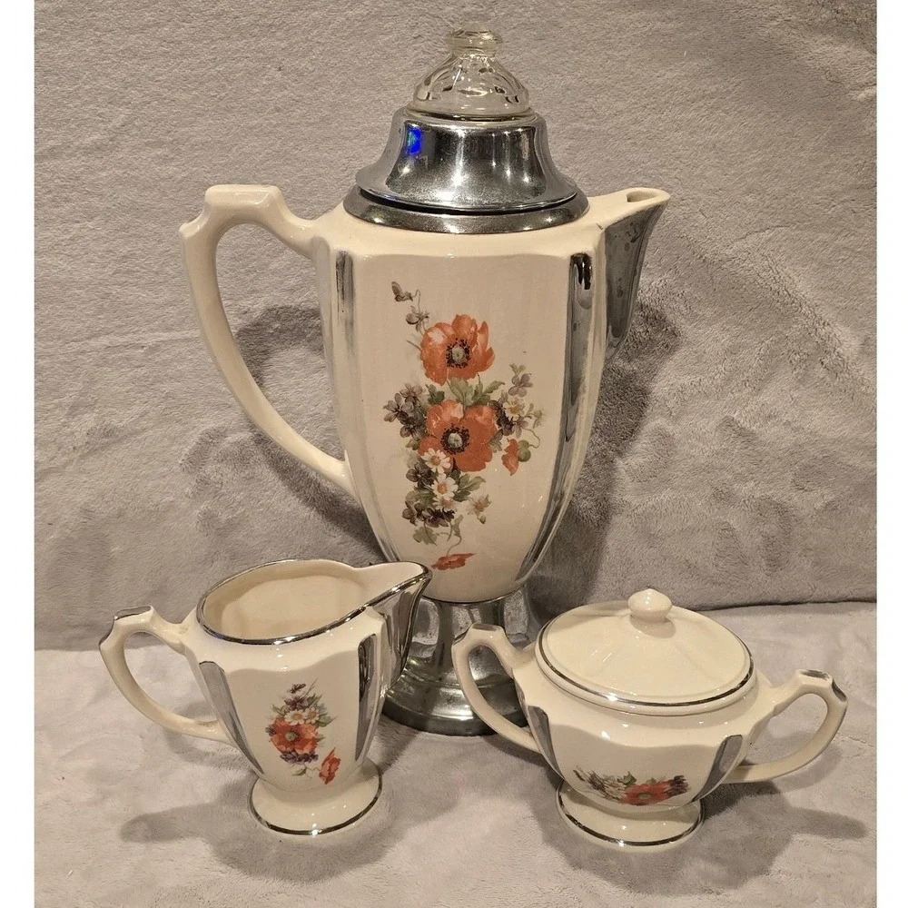 Vintage Anchor-Ware Floral Poppy Ceramic Coffee Percolator Sugar Creamer Set